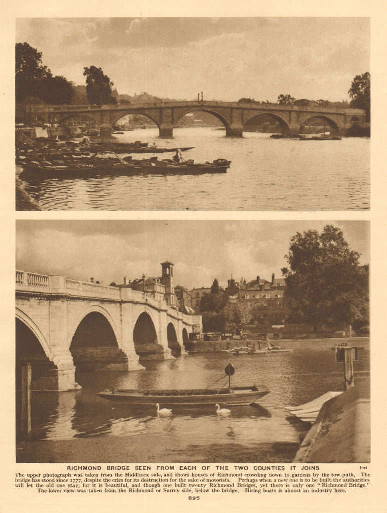 Richmond Bridge from the Middlesex and Surrey sides 1926 old vintage print